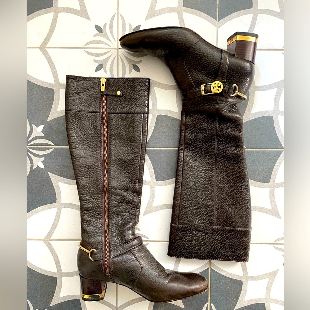 Tory Burch Brown Pebbled Leather Knee High Boots